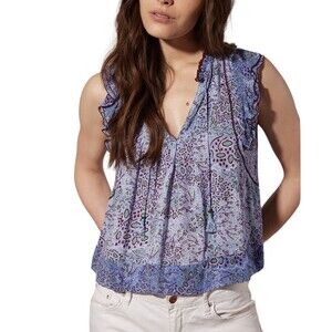 Poupette St Barth Pauline Blouse Womens Size Small S Flutter Sleeve Blue EUC
